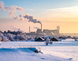 A winter landscape featuring a power plant billowing smoke into a pale sunrise. Snow covers the ground with frosted trees