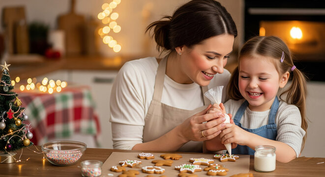Joyful mother and daughter decorating festive gingerbread cookies together during Christmas