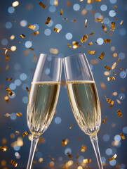 Champagne flutes clinking celebrating new year with confetti