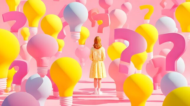 Young person stands amidst a surreal environment filled with oversized light bulbs and question marks - Powered by Adobe