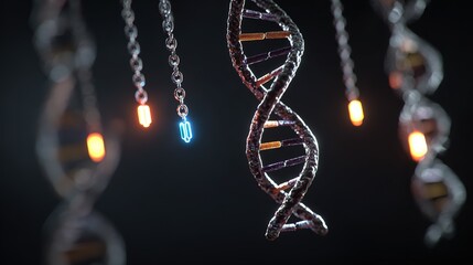 Genetic engineering theme, 3D DNA double helix model suspended against a black background, base pairs labeled on the chain, fluorescently labeled gene fragments beside it 