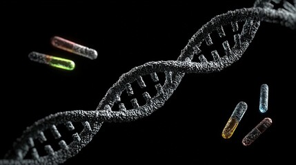 Genetic engineering theme, 3D DNA double helix model suspended against a black background, base pairs labeled on the chain, fluorescently labeled gene fragments beside it 