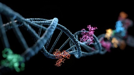 Genetic engineering theme, 3D DNA double helix model suspended against a black background, base pairs labeled on the chain, fluorescently labeled gene fragments beside it 