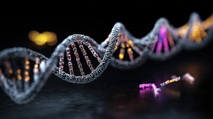 Genetic engineering theme, 3D DNA double helix model suspended against a black background, base pairs labeled on the chain, fluorescently labeled gene fragments beside it 