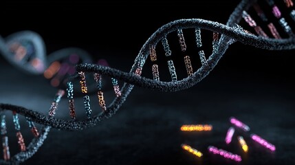 Genetic engineering theme, 3D DNA double helix model suspended against a black background, base pairs labeled on the chain, fluorescently labeled gene fragments beside it 