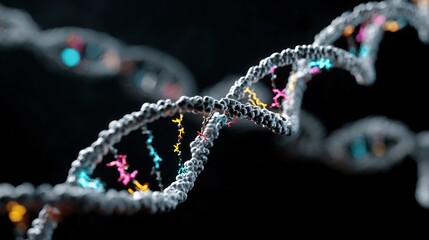 Genetic engineering theme, 3D DNA double helix model suspended against a black background, base pairs labeled on the chain, fluorescently labeled gene fragments beside it 