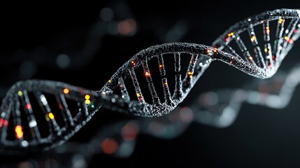 Genetic engineering theme, 3D DNA double helix model suspended against a black background, base pairs labeled on the chain, fluorescently labeled gene fragments beside it 