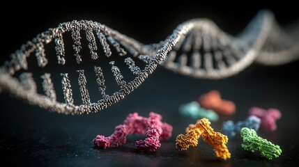 Genetic engineering theme, 3D DNA double helix model suspended against a black background, base pairs labeled on the chain, fluorescently labeled gene fragments beside it 