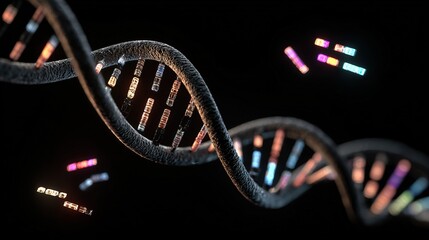 Genetic engineering theme, 3D DNA double helix model suspended against a black background, base pairs labeled on the chain, fluorescently labeled gene fragments beside it 