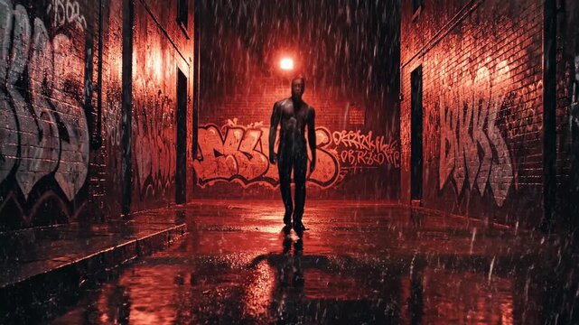 A muscular figure walks through a rain-soaked alley. Graffiti covers the brick walls, bathed in red light