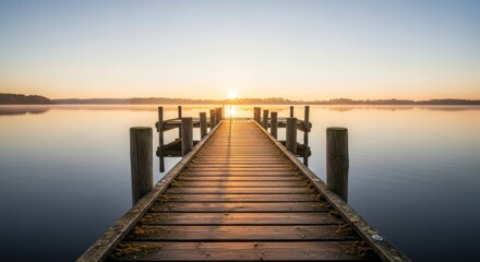 Obraz premium Wooden pier on calm lake at sunrise, peaceful and minimalist nature landscape.