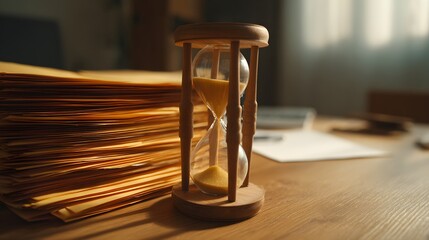 Wooden hourglass measures passing moments beside a tall stack of manila folders on a desk