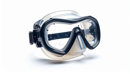 Close Up of Clear Diving Mask with Blue Trim on White Background