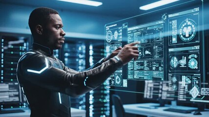 Man interacting with digital interface showing data and diagrams in modern technology environment - Powered by Adobe