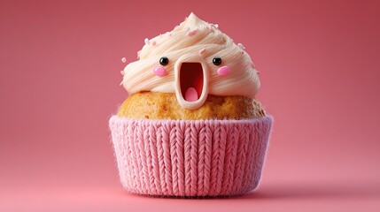 Premium 3D yarn-cupcake doll with big grin and pink fluffy top, soft pastel backdrop, perfect for app loading animation, brand social or dessert-shop menu
