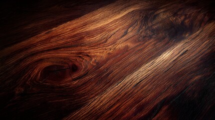 Richly stained dark wood surface displays intricate grain pattern with dramatic lighting