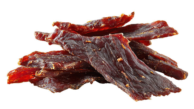 Several thin strips of dried, seasoned beef jerky sprinkled with spices, isolated on a white background