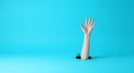 Hand reaching out from a hole in a blue background, symbolizing help or distress