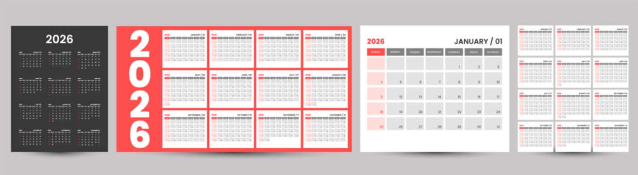 editable minimal calendar design 2026. Week starts on Sunday. Place for notes. Minimalist trendy design for desktop design calendar planner.