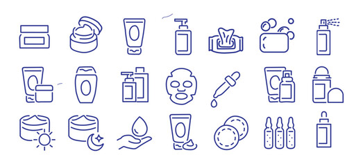 Skincare product editable stroke outline icons set isolated on white background flat vector illustration. Pixel perfect. 64 x 64.