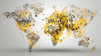 Stylized world map constructed from scattered, multicolored circular elements against a light backdrop