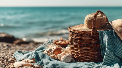 Woven picnic basket and straw hats rest on a pebble beach beside clear blue ocean water
