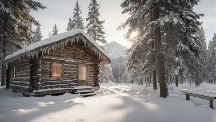 Cozy Log Cabin in a Snowy Winter Forest Landscape.