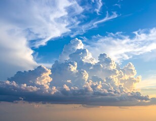 Magnificent cumulus clouds illuminated by sunlight, against a bright blue sky
