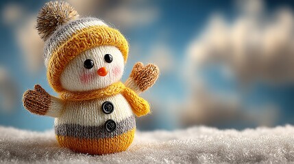 Playful snowman with bright yellow scarf jumping hands-up pose, big-sky white-snow scene in crisp high-res, perfect for app loading page, calendar cover or winter event invite