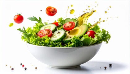 Fresh vibrant salad with tomatoes, avocado, and cucumber gets a splash of healthy olive oil, a delicious choice for mindful eaters