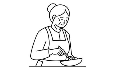 家庭料理を作る高齢女性のモノクロ線画イラストアイコン