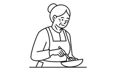 家庭料理を作る高齢女性のモノクロ線画イラストアイコン