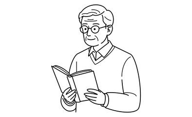 本を読む高齢男性の線画イラストアイコン