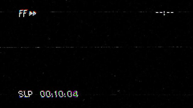 VHS FF Overlay Glitch Effects with Grunge Scratches and Dust on Black Background. 4K Video