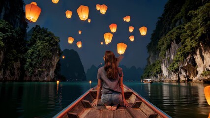 Back view of woman sitting in the boat and looking on the paper light lanterns. Boat moving on the lake in Thailand in lantern festival time. - Powered by Adobe