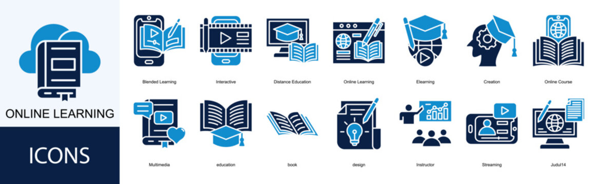 Online Learning icon collection set. Containing Elearning, Creation, Online Course, Multimedia, education icon.