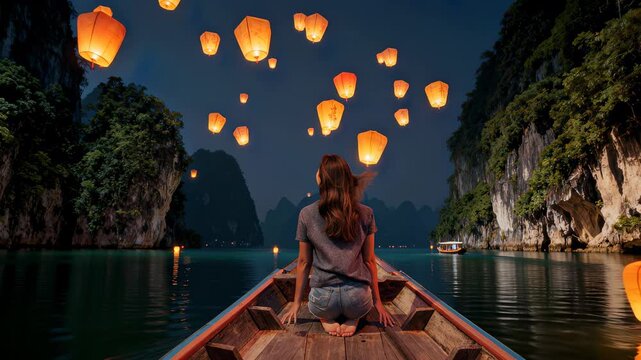 Back view of woman sitting in the boat and looking on the paper light lanterns. Boat moving on the lake in Thailand in lantern festival time.