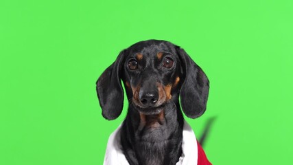 A cute dachshund dog in a red suit and white shirt with long ears wags its tail cheerfully, licks its long tongue and barks cheerfully on a green chromakey