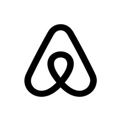 A minimalist black and white depiction of the airbnb logo featuring a stylized bent triangle shape design