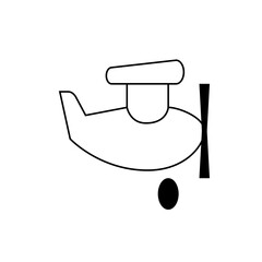 Illustration of a simple white airplane with black propeller and landing gear on a white background plane