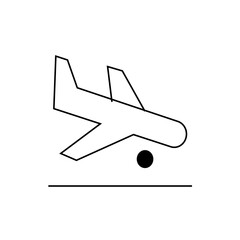 Airplane landing gear touching down on the runway with a simple black and white line drawing style icon