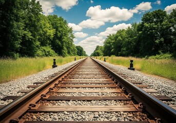 Fototapeta premium Train tracks leading into the distance through a green forest on a sunny day.