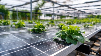 Solar photovoltaic panel theme, translucent photovoltaic panels on the top of an agricultural greenhouse, vegetables planted below visible, intelligent irrigation nozzles beside