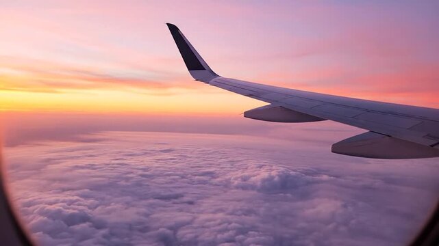 A captivating aerial view, plane wing soaring over a fluffy cloud sea at sunset