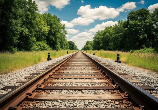 Train tracks leading into the distance through a green forest on a sunny day.