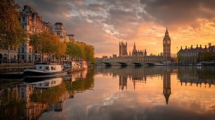 Obraz premium London River Skyline Sunset View with Big Ben and Houses of Parliament