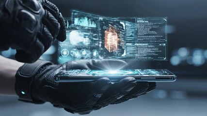 Modern hand holding smartphone with holographic interface analyzing digital data and technology - Powered by Adobe