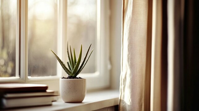 Bright natural light illuminates an aloe vera plant and books on a serene window sill home interior