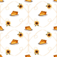 Watercolor seamless pattern of cute Thanksgiving turkeys. Festive autumn pattern with a background featuring pie, turkey, greenery, and sunflowers.