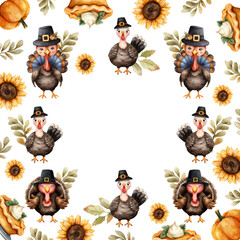 Watercolor background with cute Thanksgiving turkeys. Festive frame with pie, turkey, greenery, and sunflowers.
